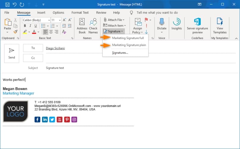 Manage signatures - Add signatures in Outlook (client-side mode) | CodeTwo Email  Signatures for Office 365 User&#39;s manual