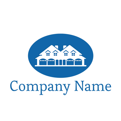 Logo de una casa blanca con garaje en círculo azul - Bienes raices & Hipoteca Logotipo