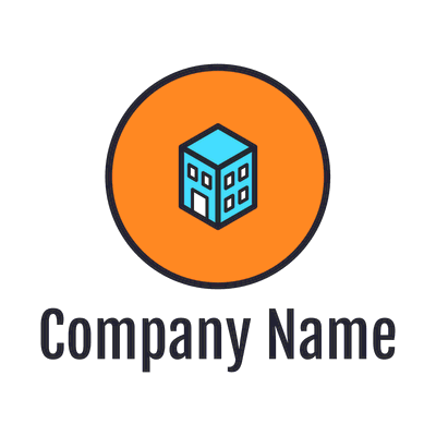 Logotipo de un apartamento azul en círculo naranja - Bienes raices & Hipoteca Logotipo