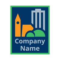 Logotipo de una ciudad con iglesia y edificio - Bienes raices & Hipoteca Logotipo